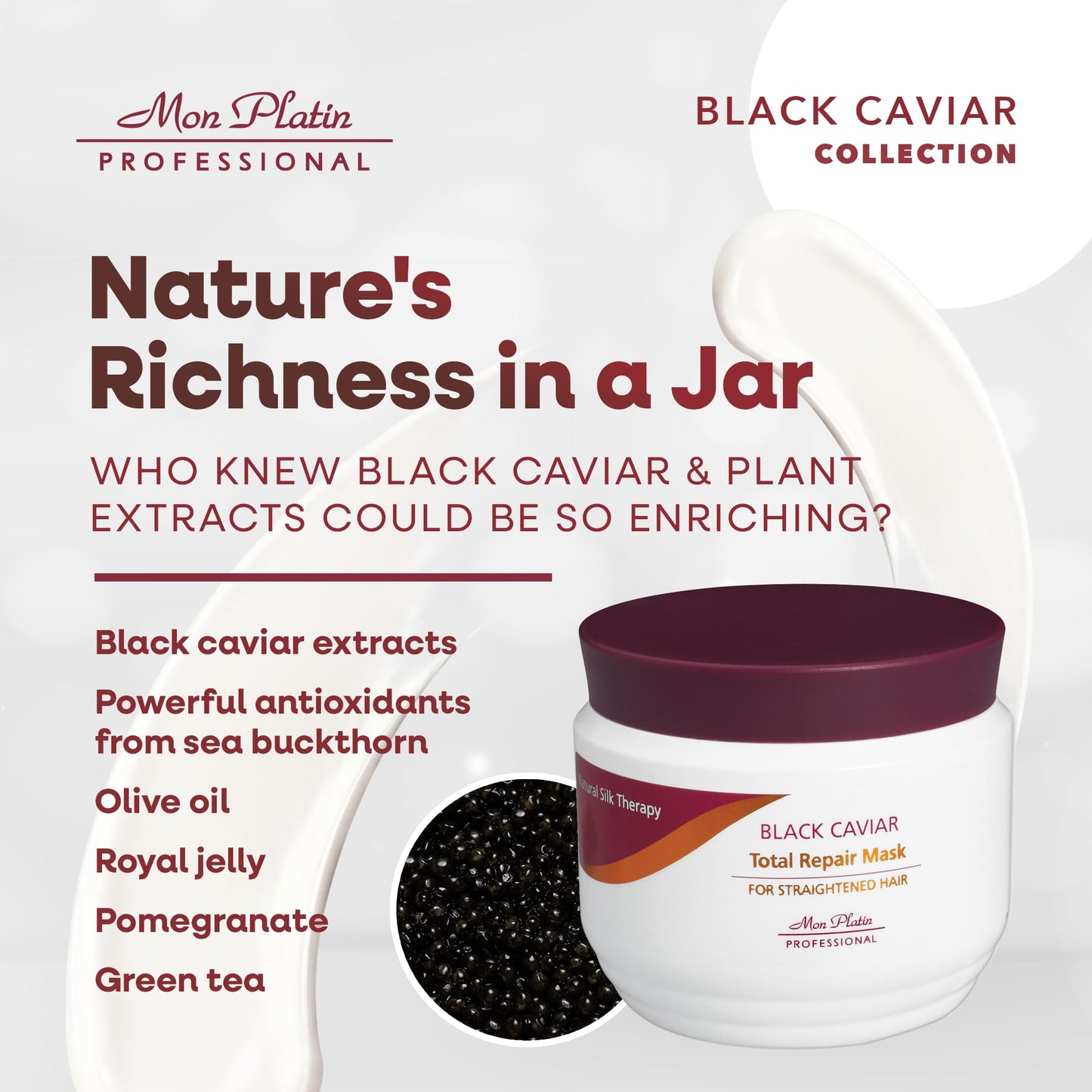 Mon Platin 专业护发膜，黑鱼子酱全效修复，500ML，适用于拉直发质，强效修复，深层护理，不含 SLS/盐