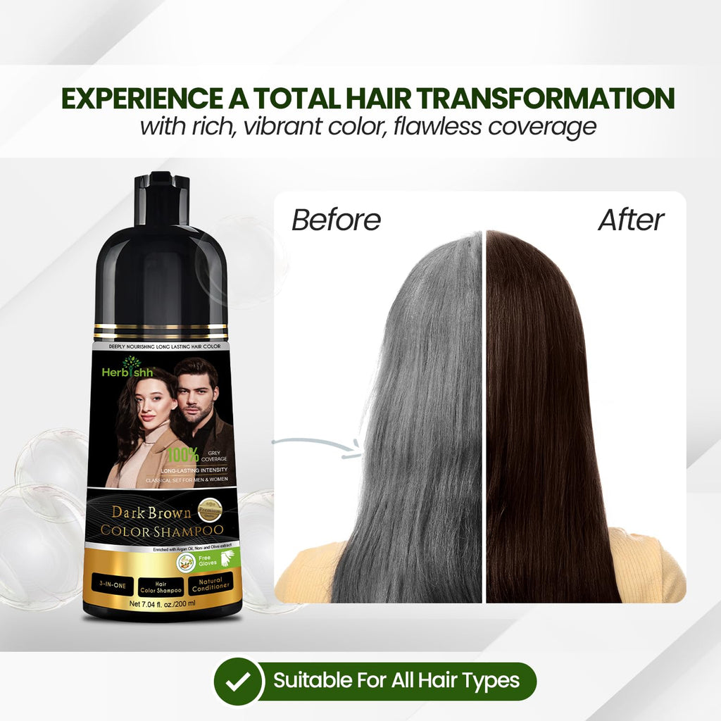Herbishh Dark Brown Shampoo, Hair Dye Shampoo 3 in 1, 100% Grey Coverage, Hair Color for Men & Women, Long-lasting Color in 20-25 Mins, Ammonia-free, 200 ml