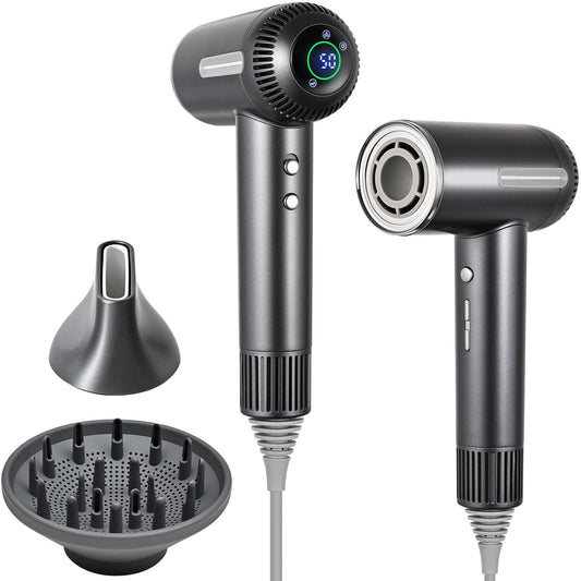HERLLY Hair Dryer,1600W High Speed Ionic Blow Dryer with Diffuser,Plasma Hair Dryer with Facial Mode(Silver Gray)