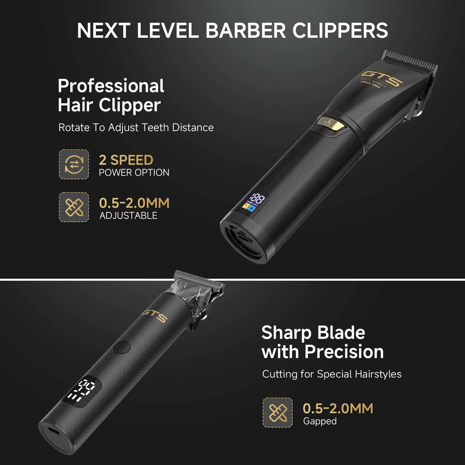 Black GTSPRO Hair Clippers for Men Professional, Cordless Clippers for Hair Cutting, Mens Hair Clippers and Trimmer Kit for Barber with LED Display 15 Guide Combs
