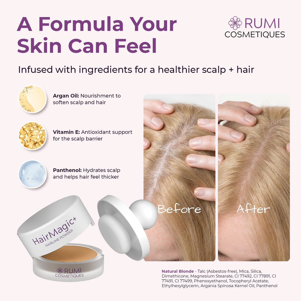 Rumi Cosmetiques HairMagic+ Root Touch Up Powder for Mature Women – Instant Gray Hair Coverage & Hairline Filler – Water-Resistant, Natural Finish, with Argan Oil & Vitamin E (Natural Blonde)