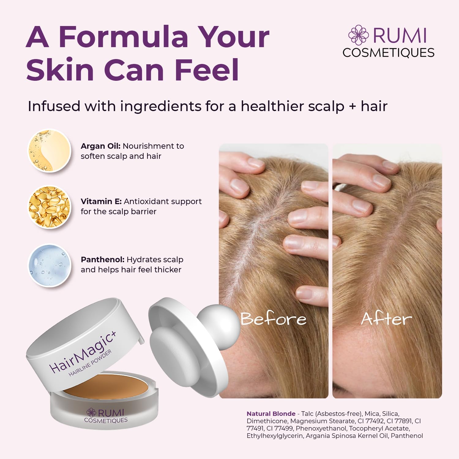 Rumi Cosmetiques HairMagic+ Root Touch Up Powder for Mature Women – Instant Gray Hair Coverage & Hairline Filler – Water-Resistant, Natural Finish, with Argan Oil & Vitamin E (Natural Blonde)