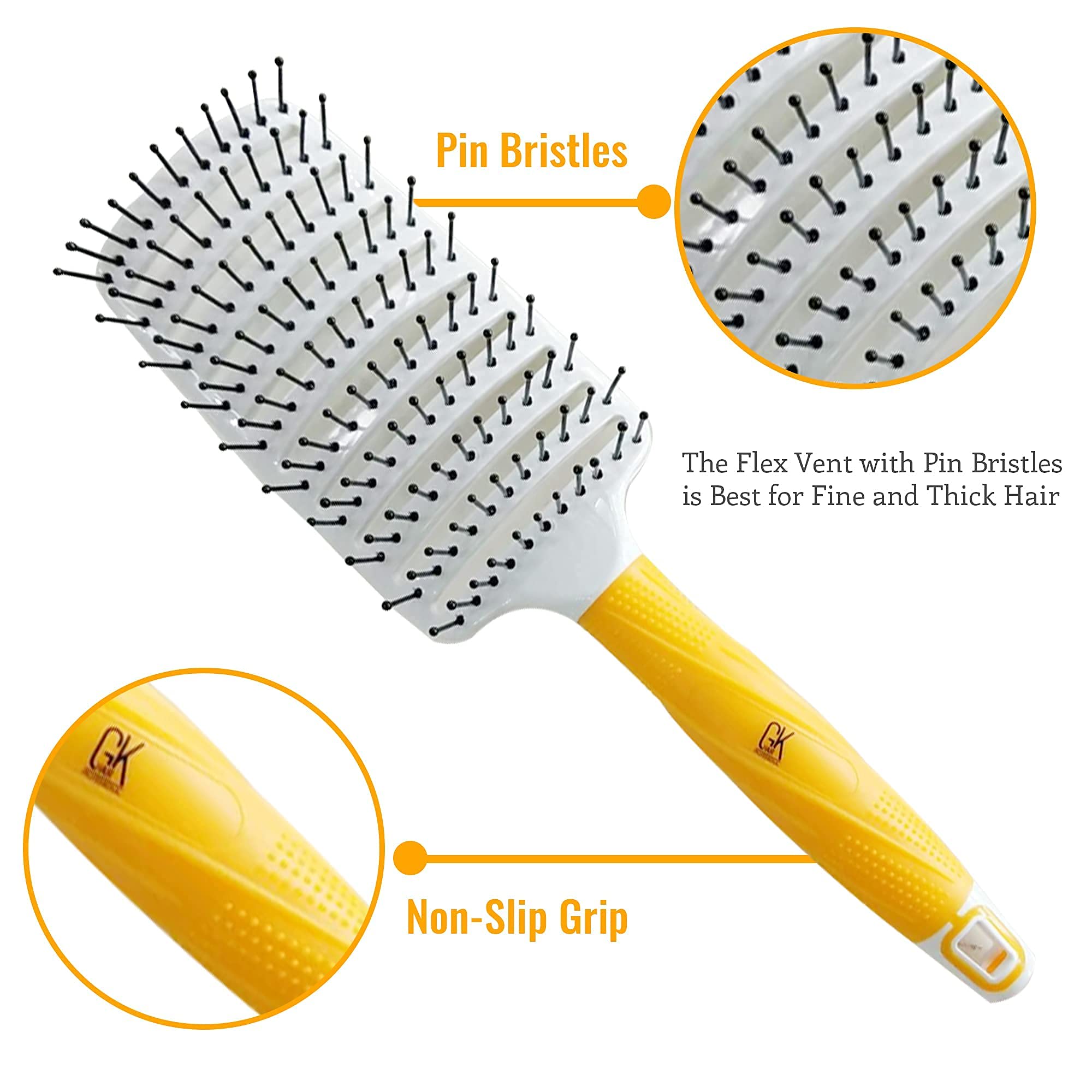 GK HAIR Global Keratin Professional Curved Vented Brush 2.5 Inch for Blow Drying Styling Detangling Vent Brush with Pin Bristles & Non Slip Grip for Long Curly Tangled Straight & Thick Hair - Unisex