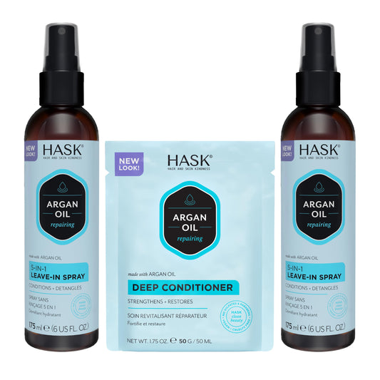 HASK Argan Oil 5-in-1 Leave-In Conditioner Duo (6oz-Qty 2) & Argan Oil Repairing Deep Conditioner Packette, Color Safe, Sulfate-Free, Paraben-Free, Gluten-Free, for All Hair Types