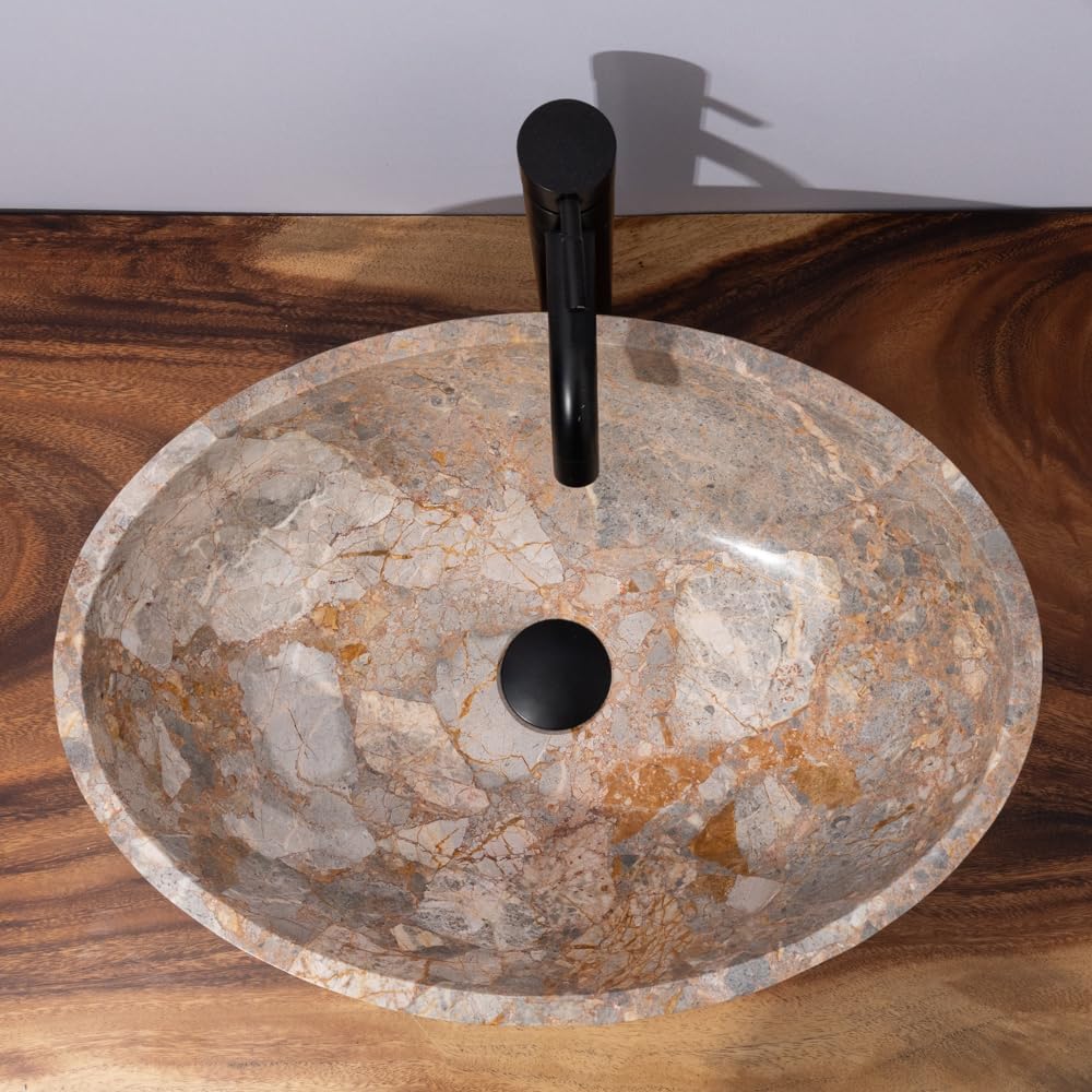 Oval-Shaped Golden - Gray Marble Vessel Sink for Bathroom – 19" × 15" × 6"