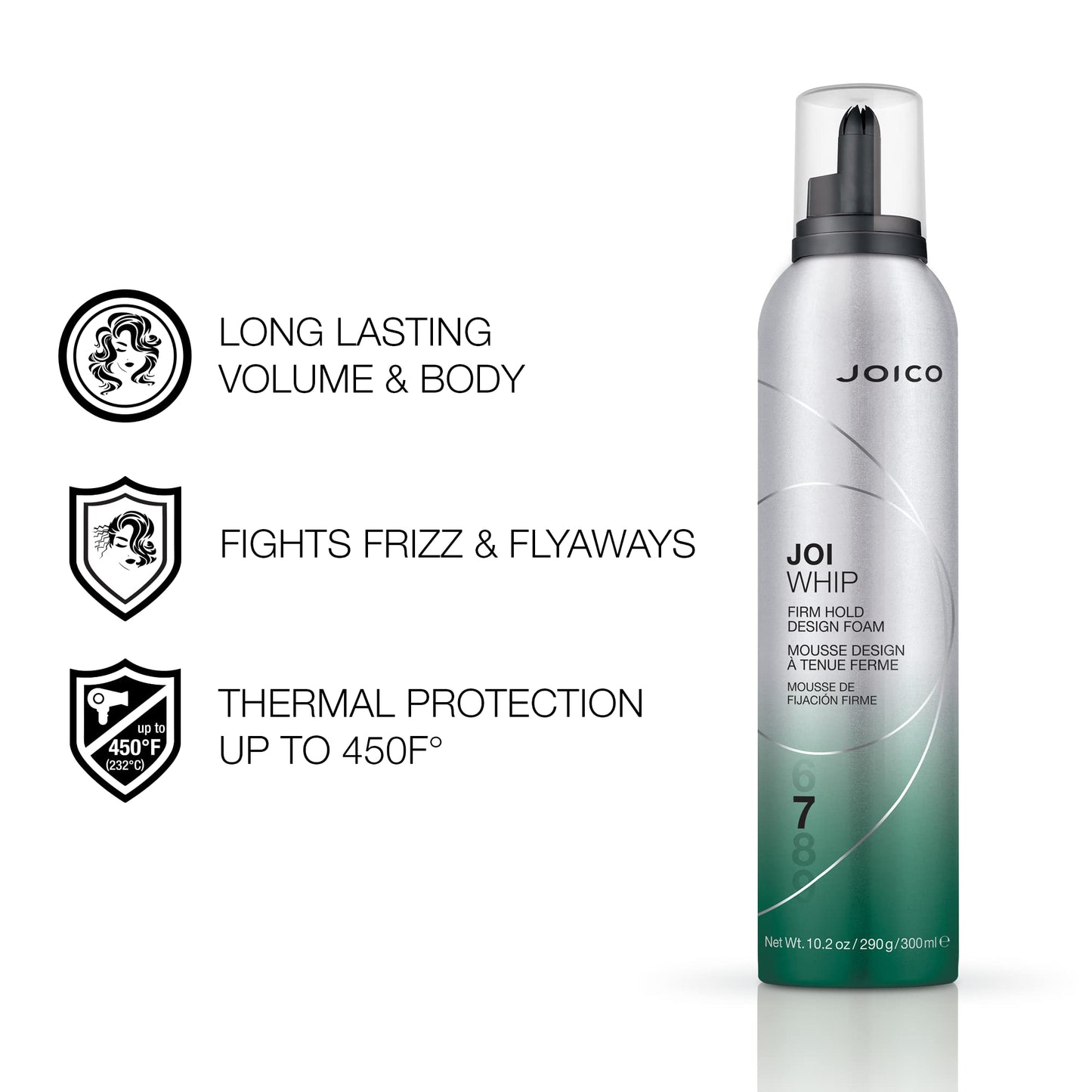 Joico JoiWhip 定型泡沫 | 适用于大多数发质 | 增加丰盈度和质感 | 提升光泽 | 控制毛躁和散落 | 防热、防湿、防污染 | 不含硅酮和防腐剂 | 300 毫升