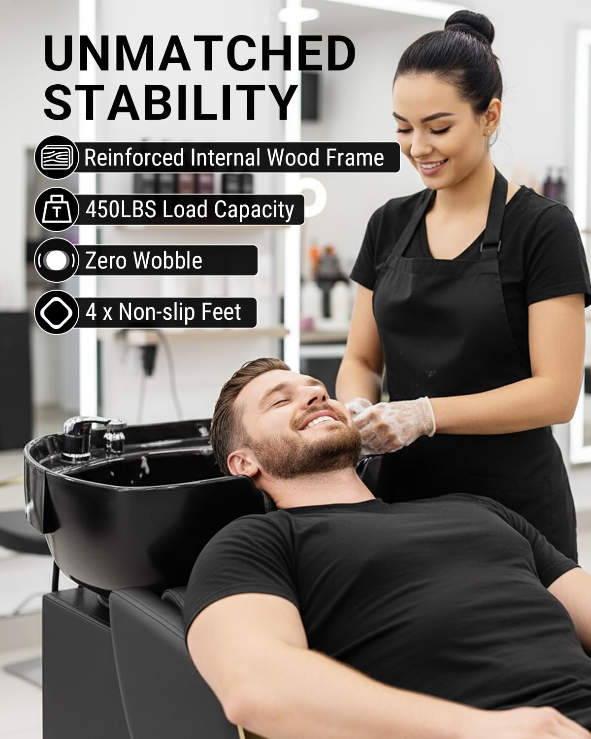 Black IJIALIFE Shampoo Bowl and Chair Set for Salon – Backwash Barber Sink Station with Footstool & Gold Armrests – Heavy Duty 450lbs Hair Washing Chair with Deep Basin & Neck Rest for Spa Beauty Stylist