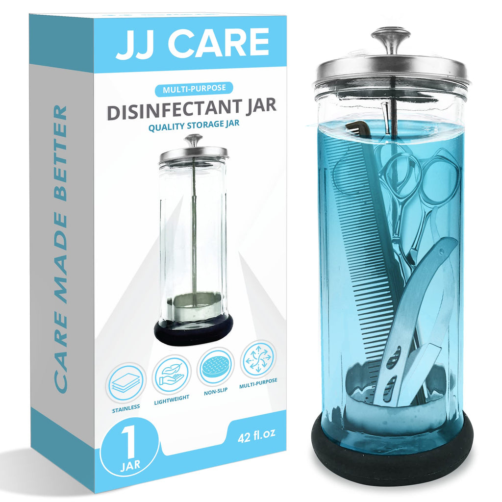 JJ CARE Disinfectant Jar (42oz) - Barber Disinfectant Jar Glass, Sanitizer Container w/Stainless Steel Removable Strainer & Cap for Manicure, Salon, Spa and Barber Tools - Silver Lid
