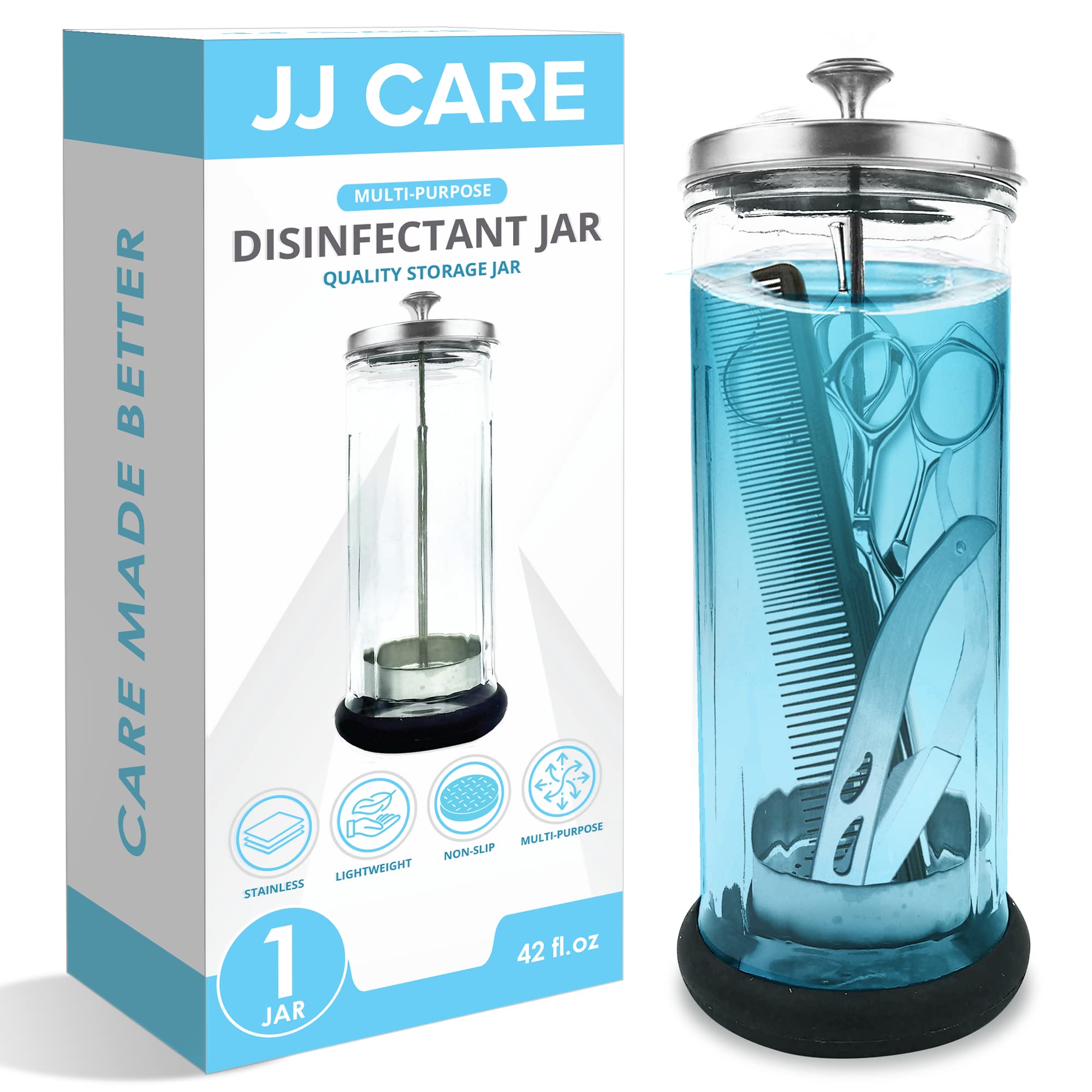 JJ CARE Disinfectant Jar (42oz) - Barber Disinfectant Jar Glass, Sanitizer Container w/Stainless Steel Removable Strainer & Cap for Manicure, Salon, Spa and Barber Tools - Silver Lid