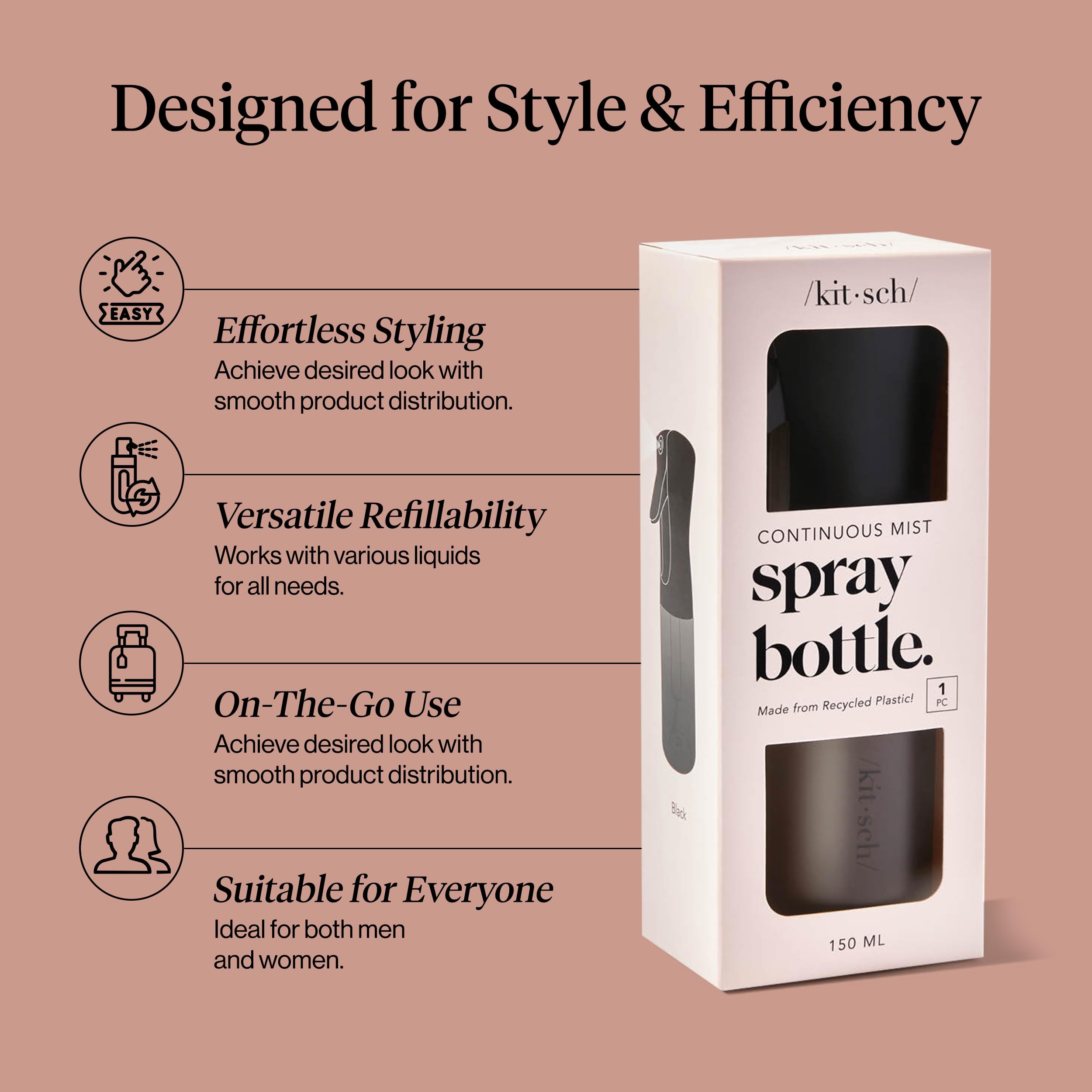Kitsch Continuous Spray Bottle for Hair – Fine Mist Water Mister & Water Spray Bottle – Recycled Hair Spray Bottle – Spray Bottles for Cleaning, Styling, Plants & More – Black, 150ml