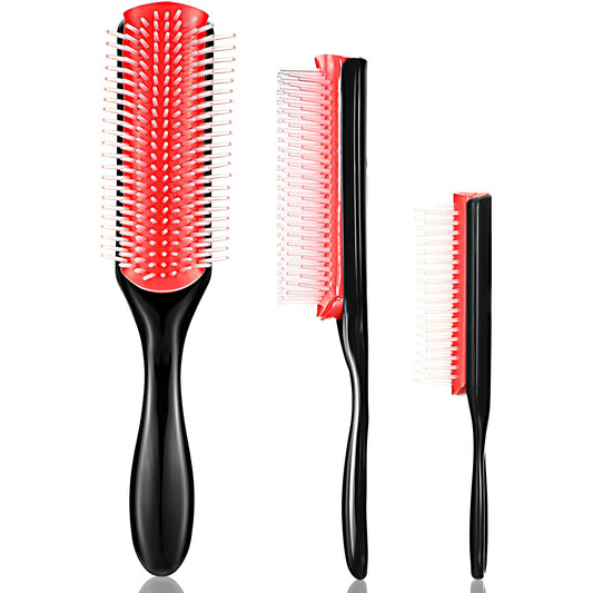 Brosse à cheveux Patelai en nylon, 3 tailles, 9 et 5 rangées, pour cheveux bouclés naturels, démêlante, peigne de voyage pour femmes et hommes, volumisante, modelante, séparatrice, définissante, pour salon de coiffure (rouge et noir)