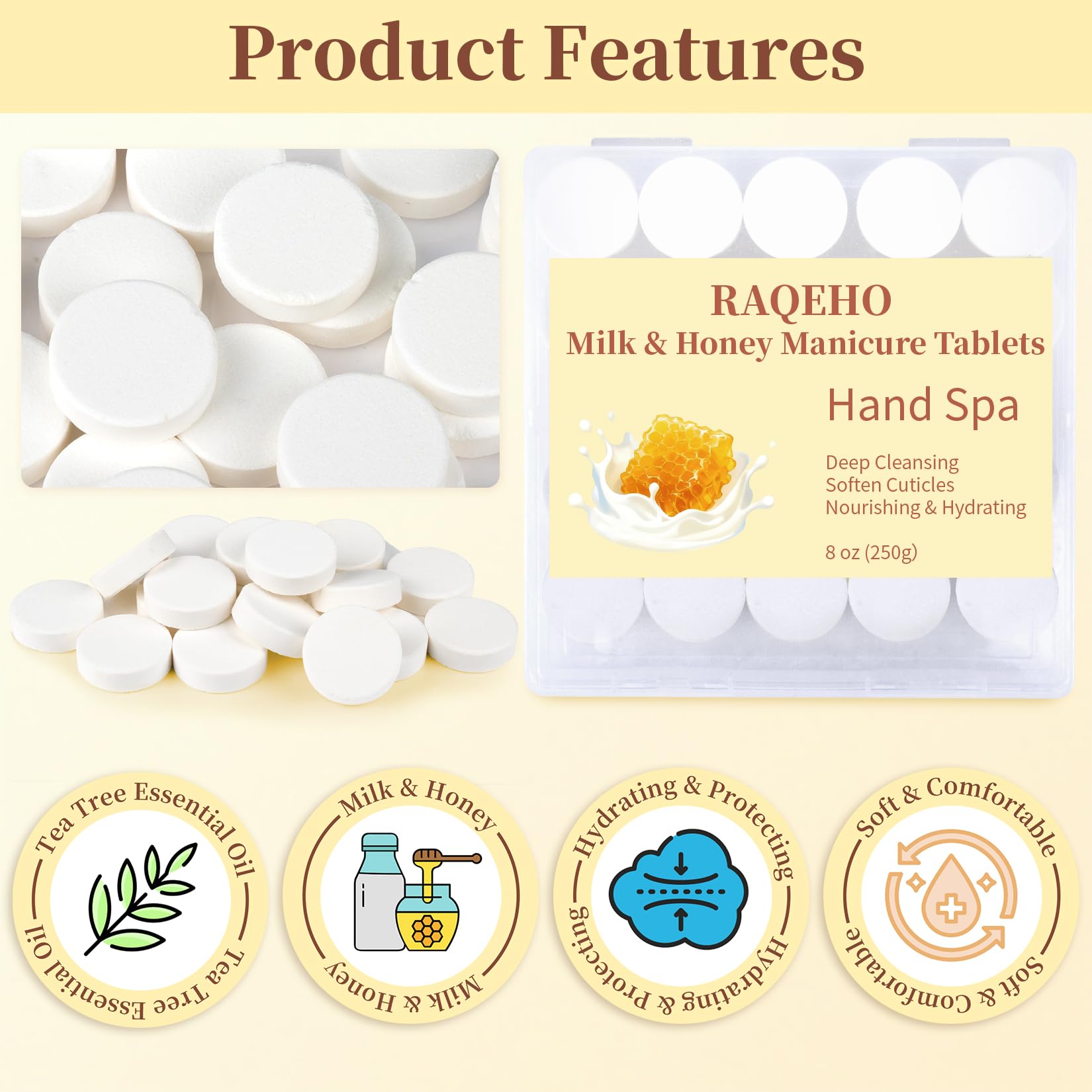 RAQEHO Manicure Spa Tablets 8oz - Milk & Honey Soak Balls, Moisturizing Tablets, Cuticle Softener for Foot and Hand Soak Pedicure Spa Supplies Manicure Tools Nail Salon & Tavel Esenntial（40count）