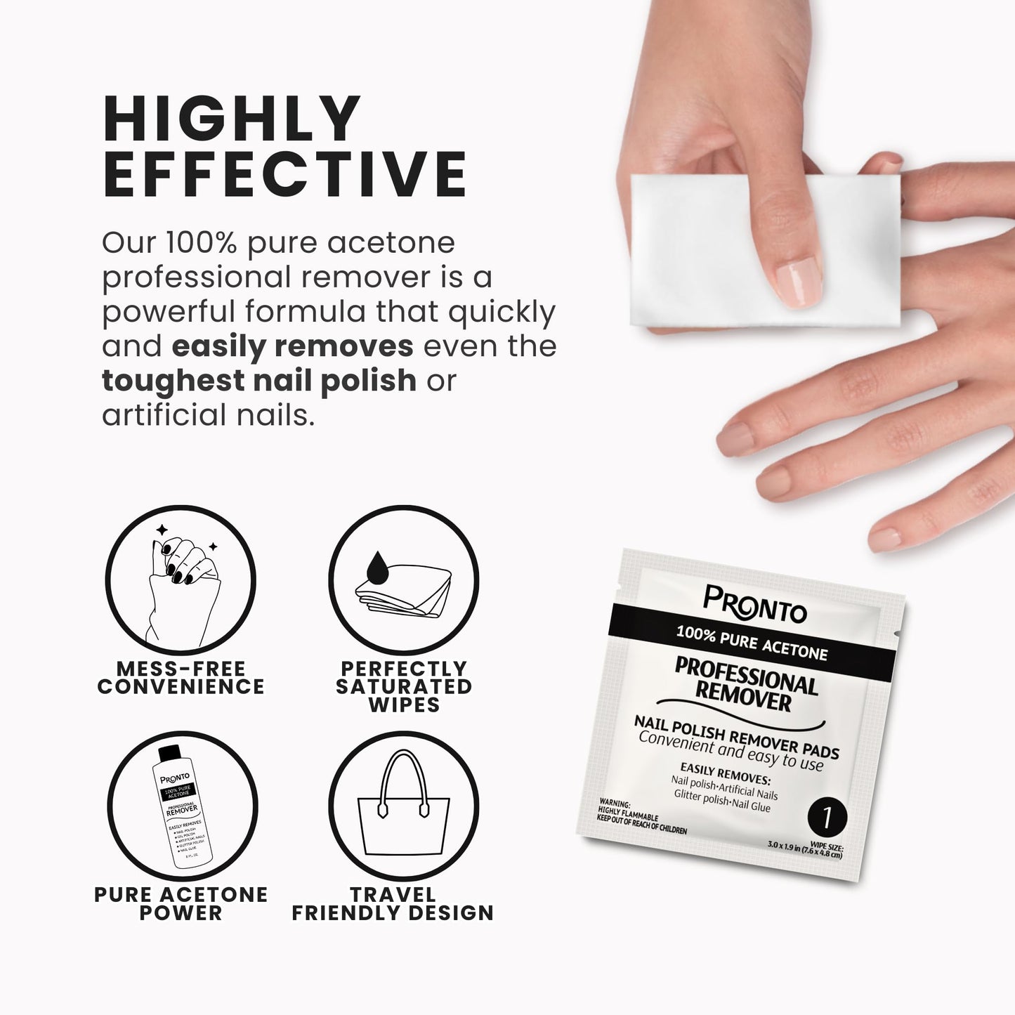 Pronto Nail Polish Remover Pads, 10 Pcs. Individually Wrapped Acetone Wipes, Pure Acetone Wipes Remover For Salon & Home - Quick Polish Nail Soak Pads