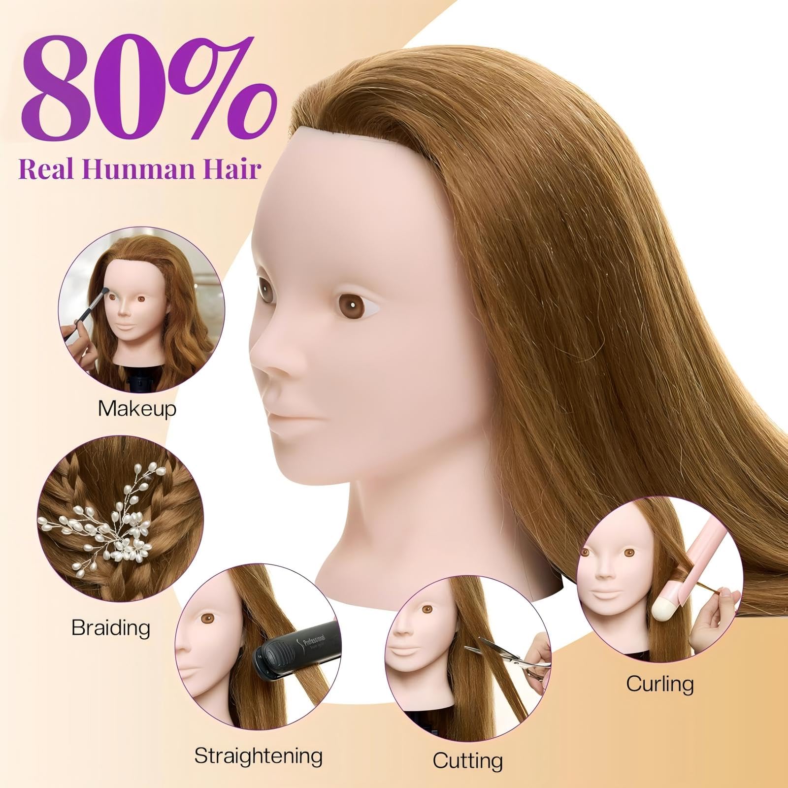 White Smoke Mannequin Head with 80% Real Human Hair with Tripod Stand - 28" Makeup Cosmetology Manikin Doll Head for Hair Styling, Hairdressing Training Head for Braiding Practice Suitable for Hair Extensions
