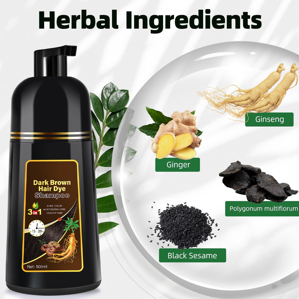 Dark Brown Hair Dye Shampoo 3 in 1 for Gray Coverage for Women/Men, Color Shampoo Instant Herbal Ingredients Semi Permanent