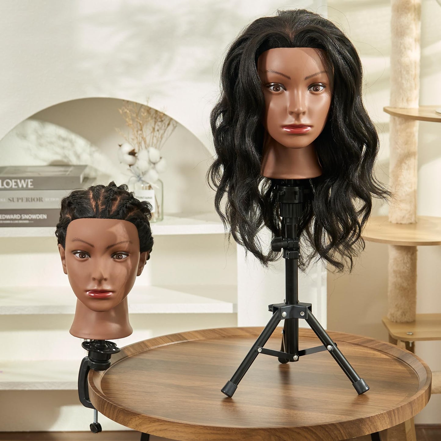 Light Gray 20-22 Inch Mannequin Head Human Hair with Stand,100% Real Human Hair Mannequin Head for Braiding,Cosmetology Manikin Doll Head for Styling with Table Clamp Hair Braiding Set(Brown)