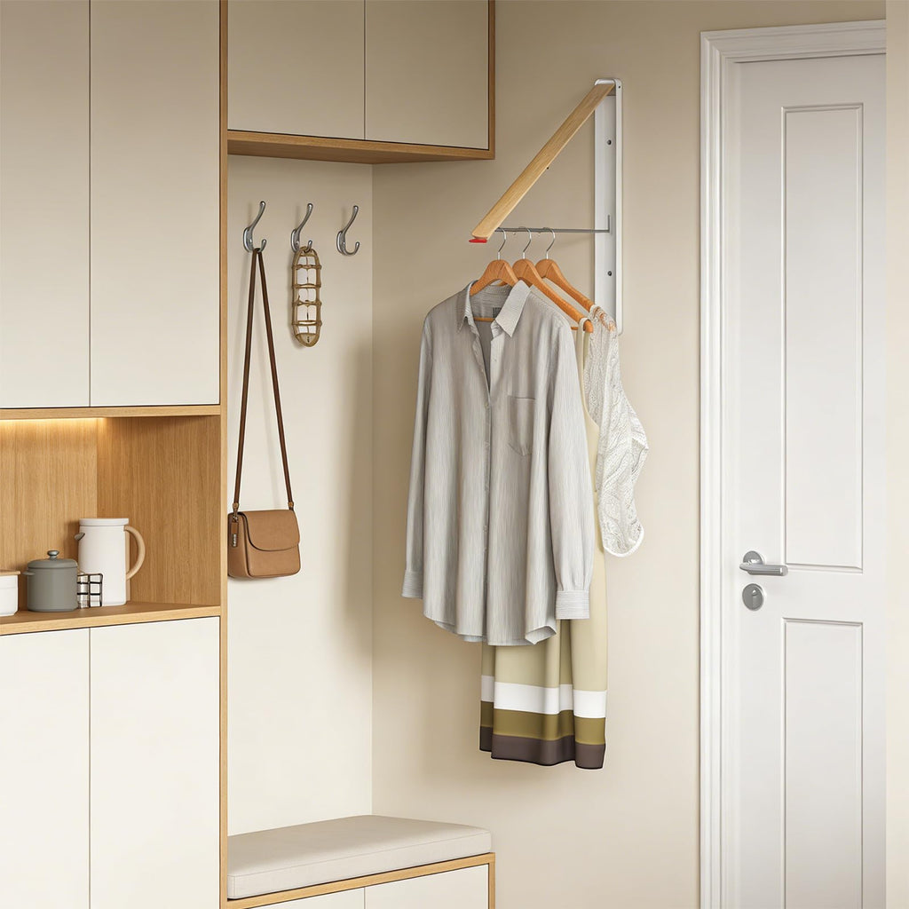 Kolovbe Clothes Drying Rack Wall Mounted for Laundry, Retractable & Foldable Clothes Hanger, Indoor Outdoor Wall Dryer Rack Organization for Dorm, Closet, Apartment, Balcony, Laundry, Rv, Alcove, Wood
