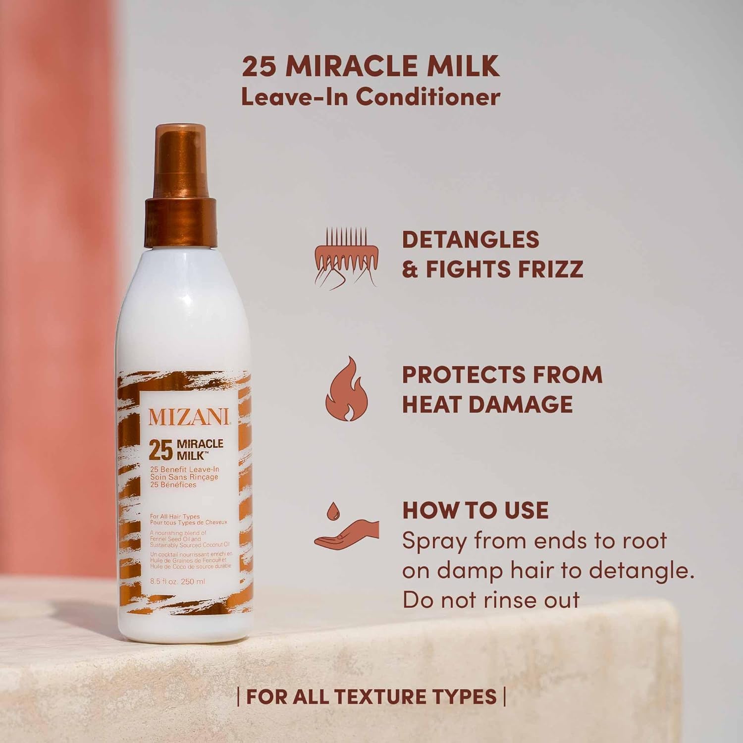 Mizani 25 Benefit Miracle Milk - Leave in Conditioner for Curly Hair, With Coconut Oil, Curl Detangler Spray, Anti Frizz Heat Protectant, No Drying Alcohols, Paraben-Free, 8.5 Fl Oz
