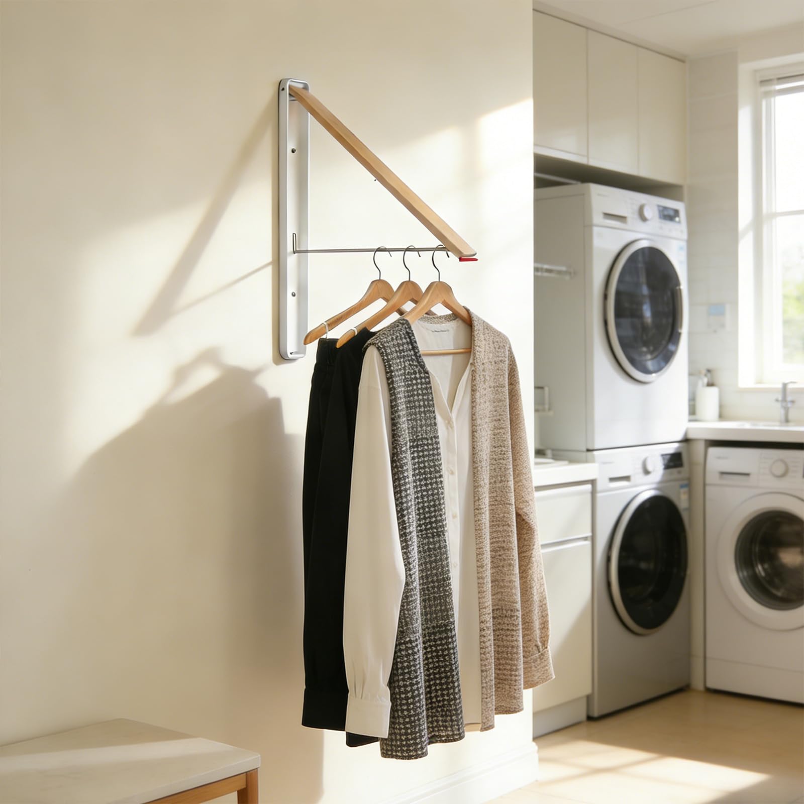 Kolovbe Clothes Drying Rack Wall Mounted for Laundry, Retractable & Foldable Clothes Hanger, Indoor Outdoor Wall Dryer Rack Organization for Dorm, Closet, Apartment, Balcony, Laundry, Rv, Alcove, Wood