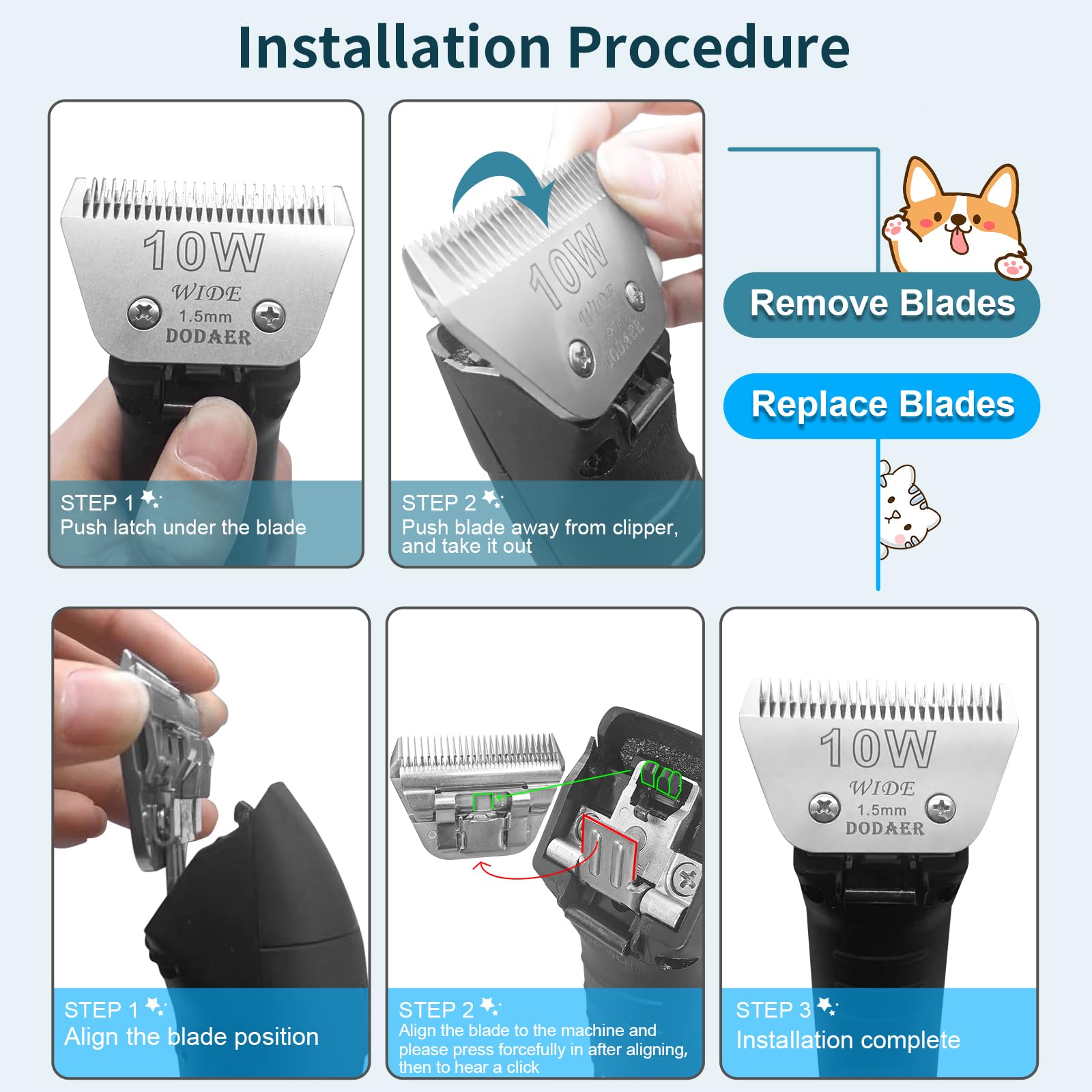 Newbulu Sizi 10W Dog Grooming Clipper Replacement Blades, Compatible with Ainds, Oster A5, Wahl Km10 and Other Series Clippers, Blade Size-10W Cut Length 1/16"(1.5mm)