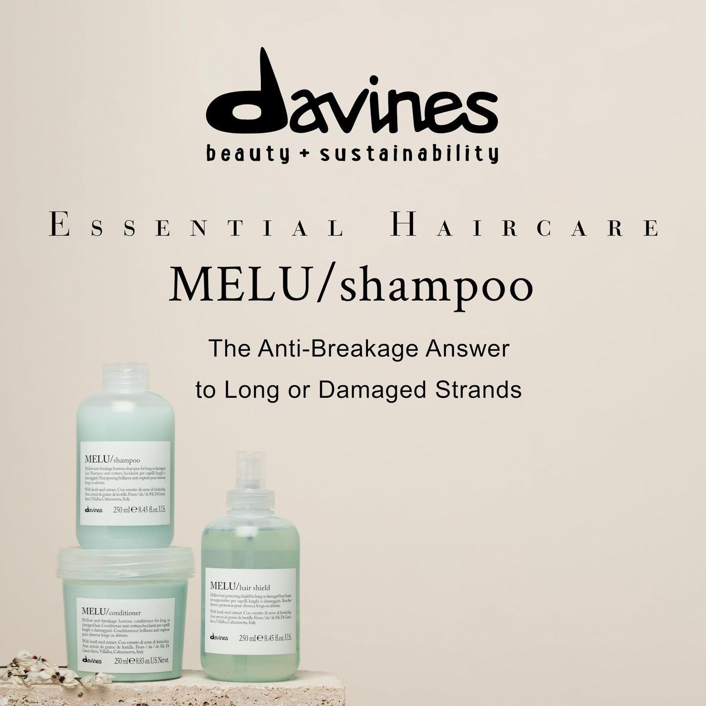 Davines MELU Shampoo, Elasticizing Anti-Breakage Gentle Cleansing Action for Long or Damaged Hair - Gives Lustrous, Reinforced, Shiny, and Soft Strands with Villalba Lentil Seeds, 8.45 Fl Oz