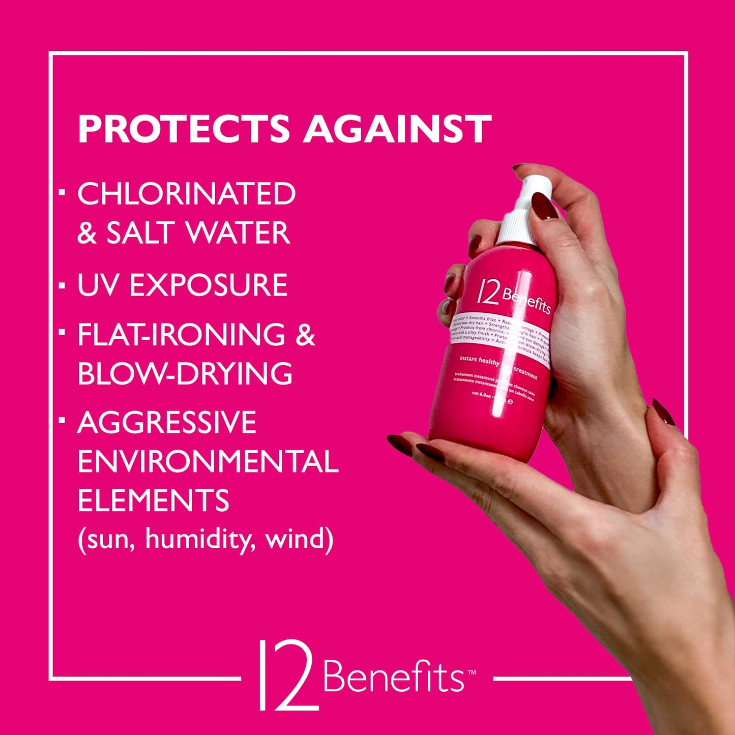 12 Benefits Instant Healthy Hair Treatment - Leave In Conditioner Spray with Quaternium 39 and Silk Fibre Protein - Smooths Frizz, Strengthens & Repairs Damaged Hair - (6 Fl Oz), Packaging May Vary