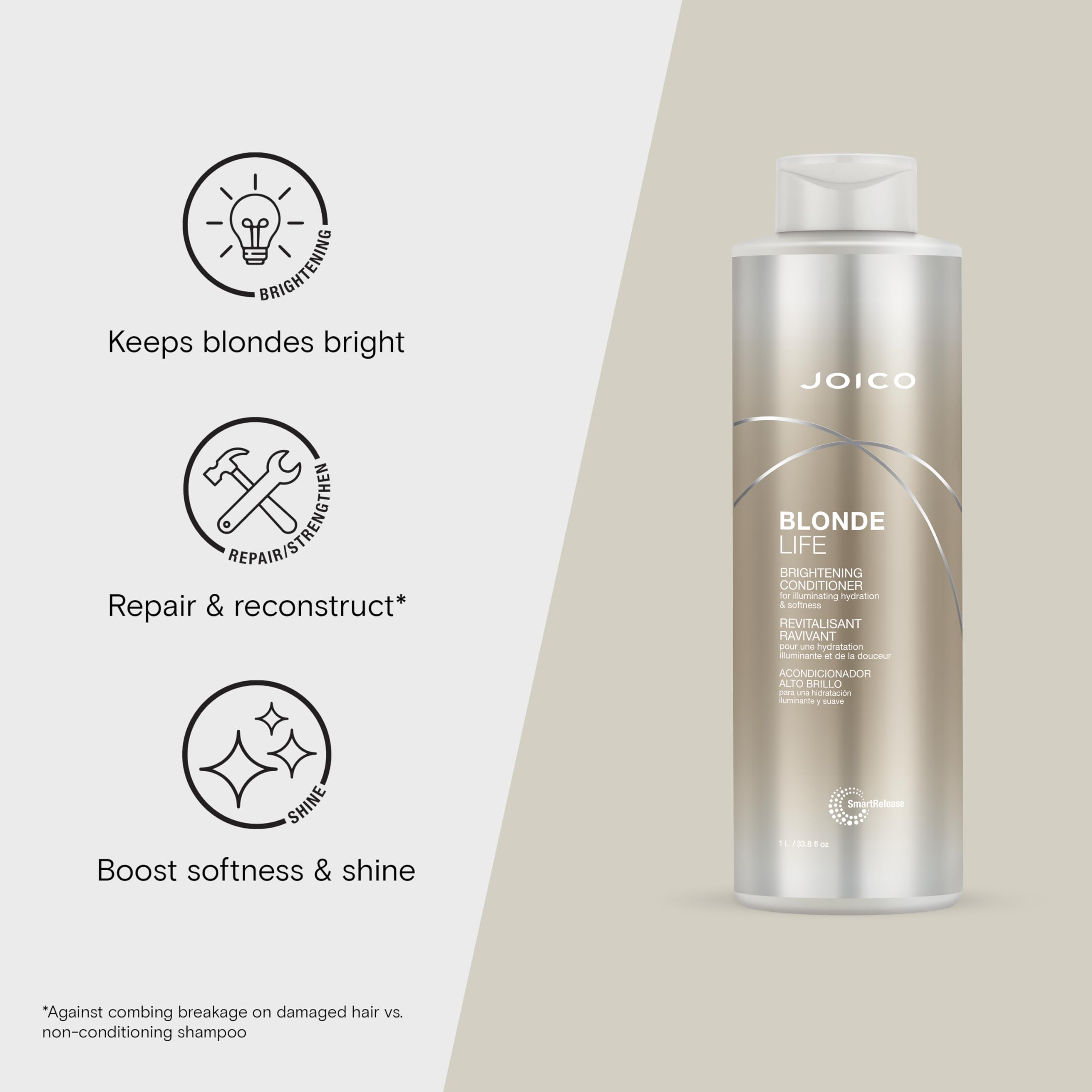 Joico Blonde Life Brightening Conditioner | For Blonde Hair | Illuminate Hydration & Softness | Add Softness & Smoothness | Sulfate Free | With Monoi & Tamanu Oil | 33.8 Fl Oz