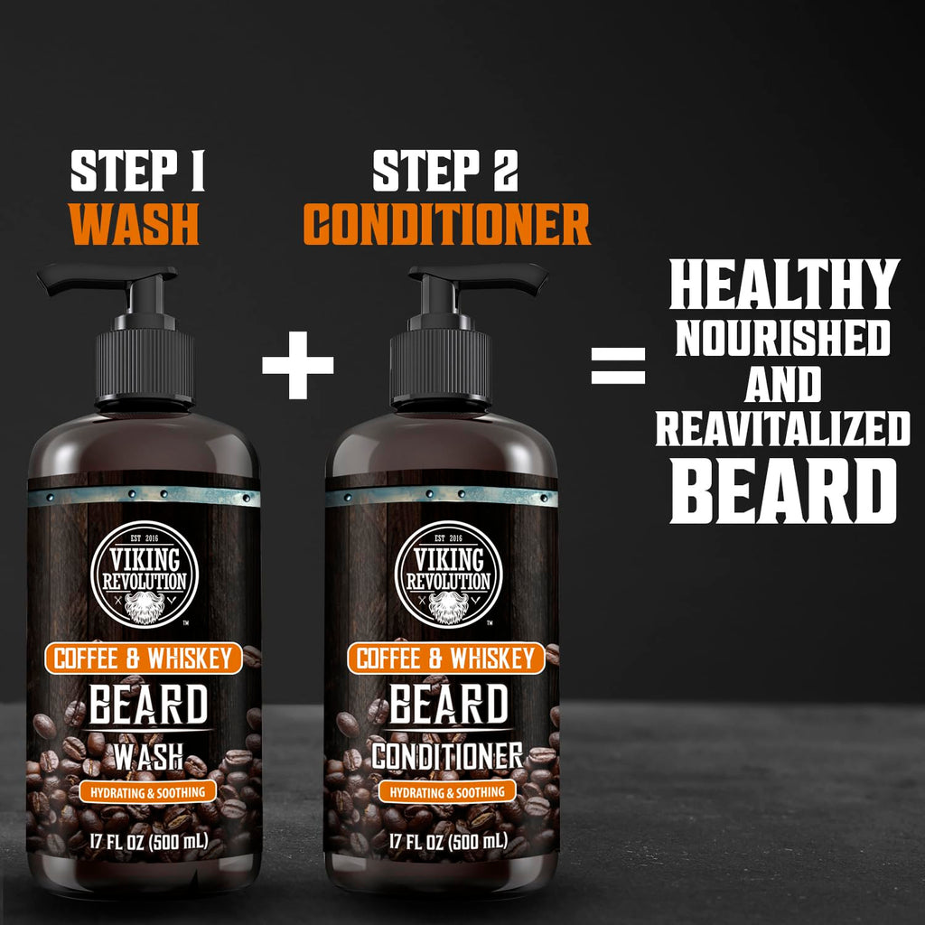 Viking Revolution Coffee Whiskey Beard Wash and Beard Conditioner Set with Argan and Jojoba Oils - Softens and Strengthens - Coffee Whiskey Scent - Beard Shampoo with Ginseng Root Extract (17 oz)