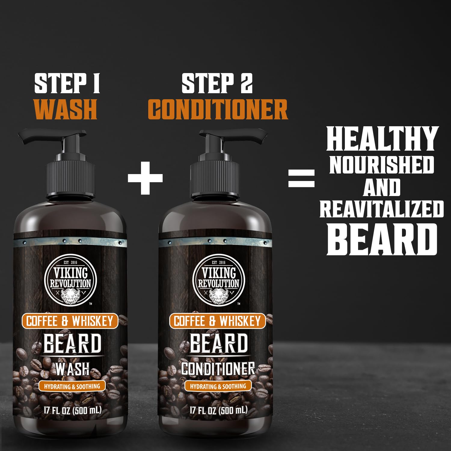 Viking Revolution Coffee Whiskey Beard Wash and Beard Conditioner Set with Argan and Jojoba Oils - Softens and Strengthens - Coffee Whiskey Scent - Beard Shampoo with Ginseng Root Extract (17 oz)