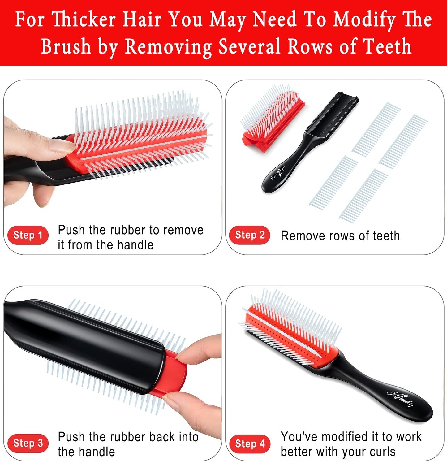 Brosse à cheveux bouclés KTKUDY - Brosse coiffante à 9 rangs pour démêler et définir les boucles, résistante à la chaleur, idéale pour les cheveux ondulés, bouclés ou frisés - Noire