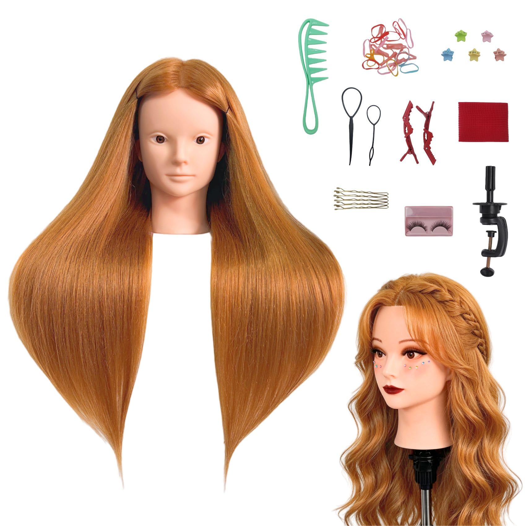 Makeup Mannequin Head with 80% Light Auburn Real Hair, Practice Hair Mannequin Head for Hair Styling, 28" Cosmetology Training Doll Head for Kids