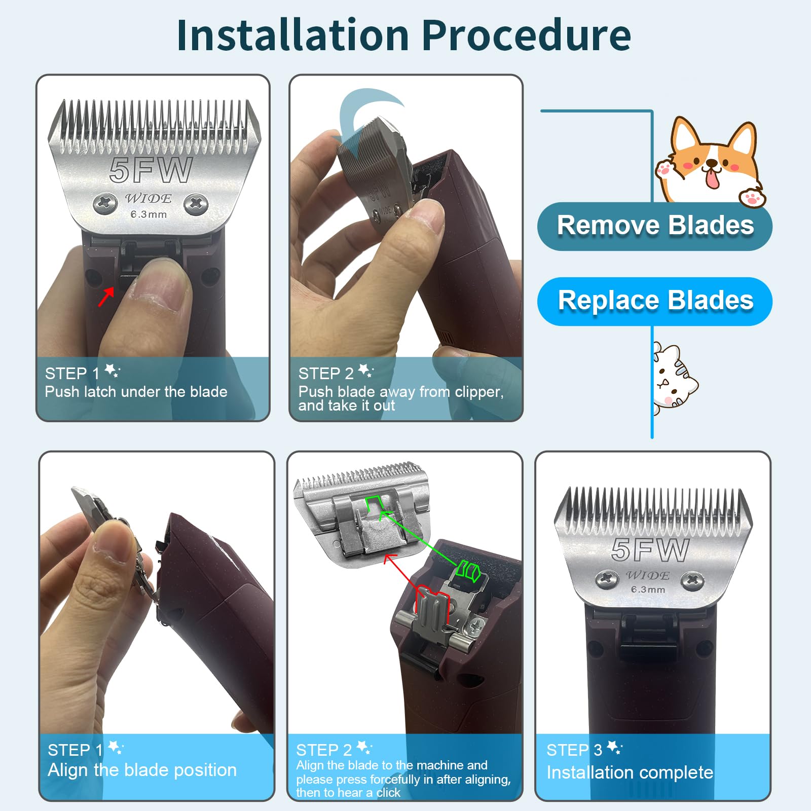 Newbulu 5FW Dog Grooming Wide Blade,Detachable Pet Dog Grooming Blades,Compatible with Andis,Oster A5,Wahl km10 Clippers.Cutting Length 1/4 in(6.3mm)