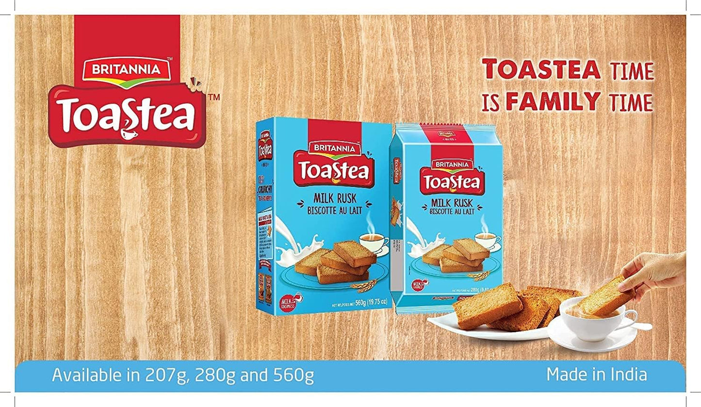 Tan Britannia Toastea Milk Rusk 9.87oz (280g) - Biscotte Au Lait Crispy, Crunchy Tea Moments Breakfast & Time Snacks Halal and Suitable for Vegetarians (Pack of 8) 78.08 Ounce