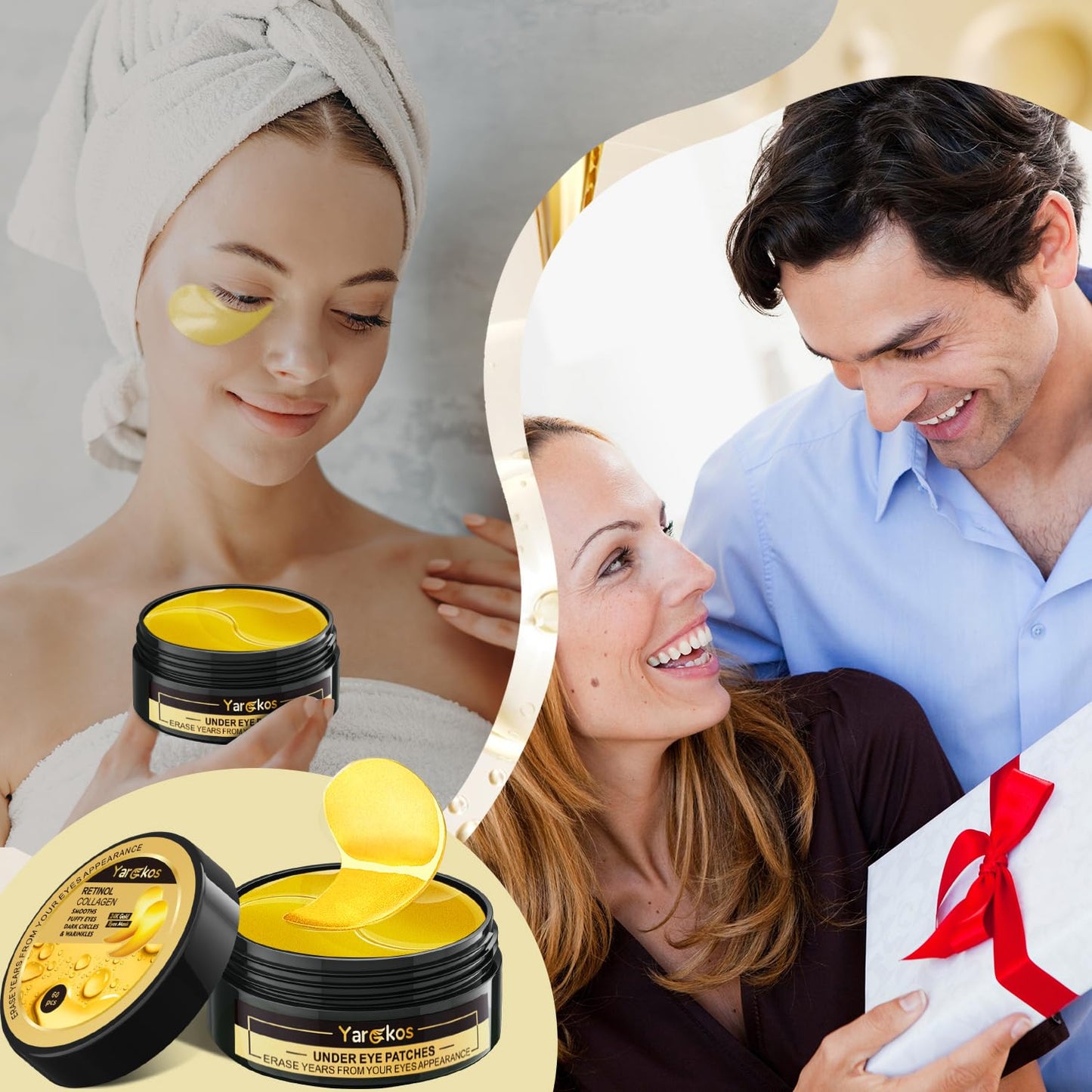 Lot de 60 patchs en or 24 carats pour le contour des yeux, 30 paires de masques pour le contour des yeux, anti-cernes et anti-poches, patchs de gel collagène hydratants pour les poches et les rides, soins beauté pour hommes et femmes.