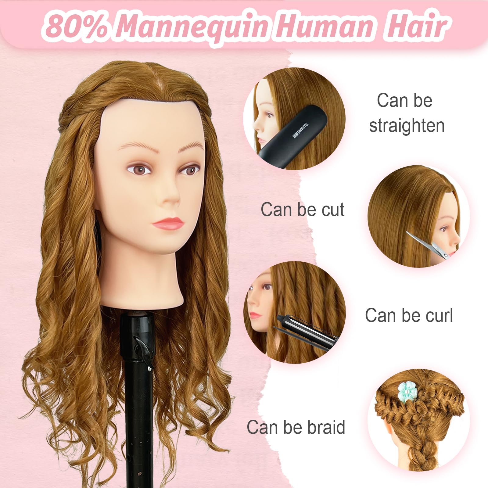 ZOMOI Mannequin Head, Mannequin Head Human Hair, 80% Real Hair for Hairdresser Practice Cutting Braiding Hair Styling with Clamp Holder and Tools