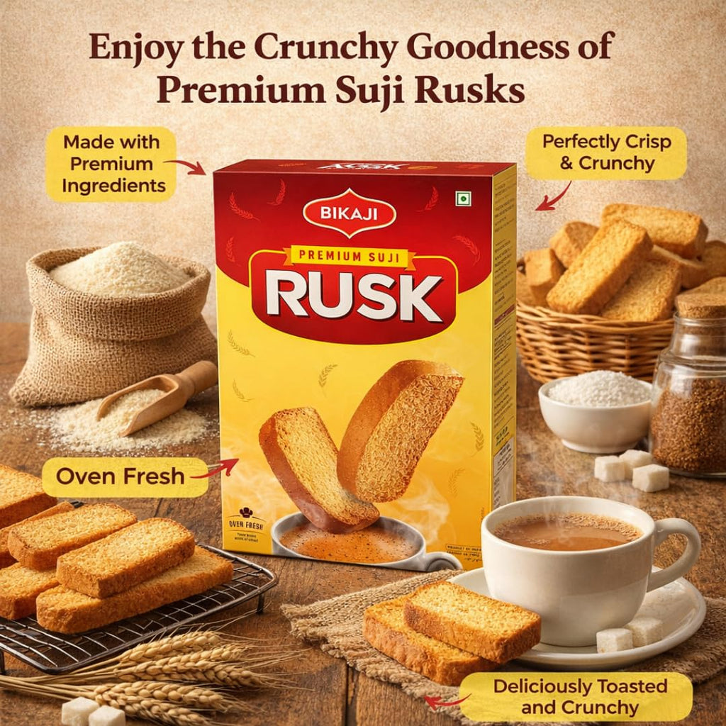 Bikaji Premium Suji Rusk 21.16 oz (600g), Crispy Semolina Toast, Golden Suji Rusk Biscuit, Indian Tea-Time Snack, Everyday Chai Snack, Ready-to-Eat Toasted Biscuit