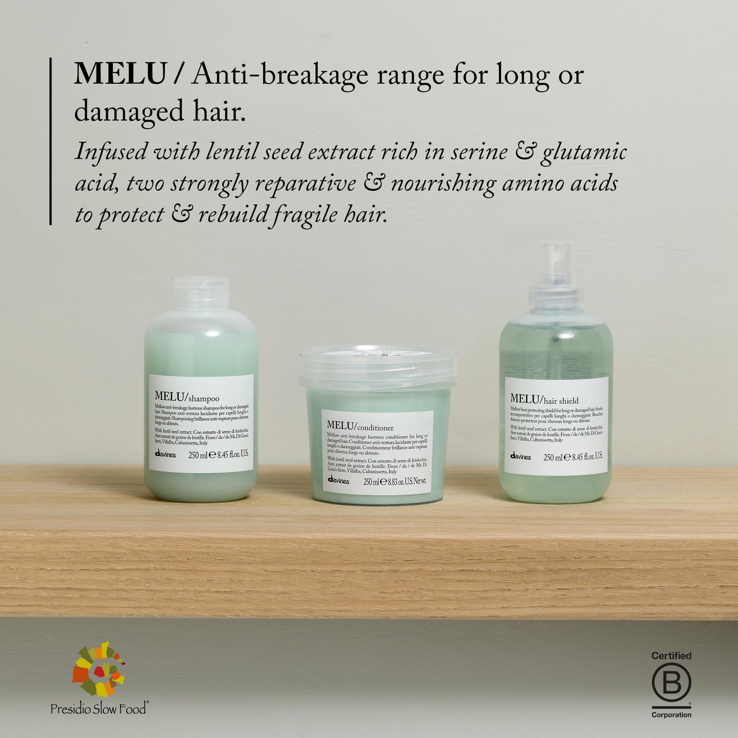 Davines MELU Shampoo, Elasticizing Anti-Breakage Gentle Cleansing Action for Long or Damaged Hair - Gives Lustrous, Reinforced, Shiny, and Soft Strands with Villalba Lentil Seeds, 8.45 Fl Oz