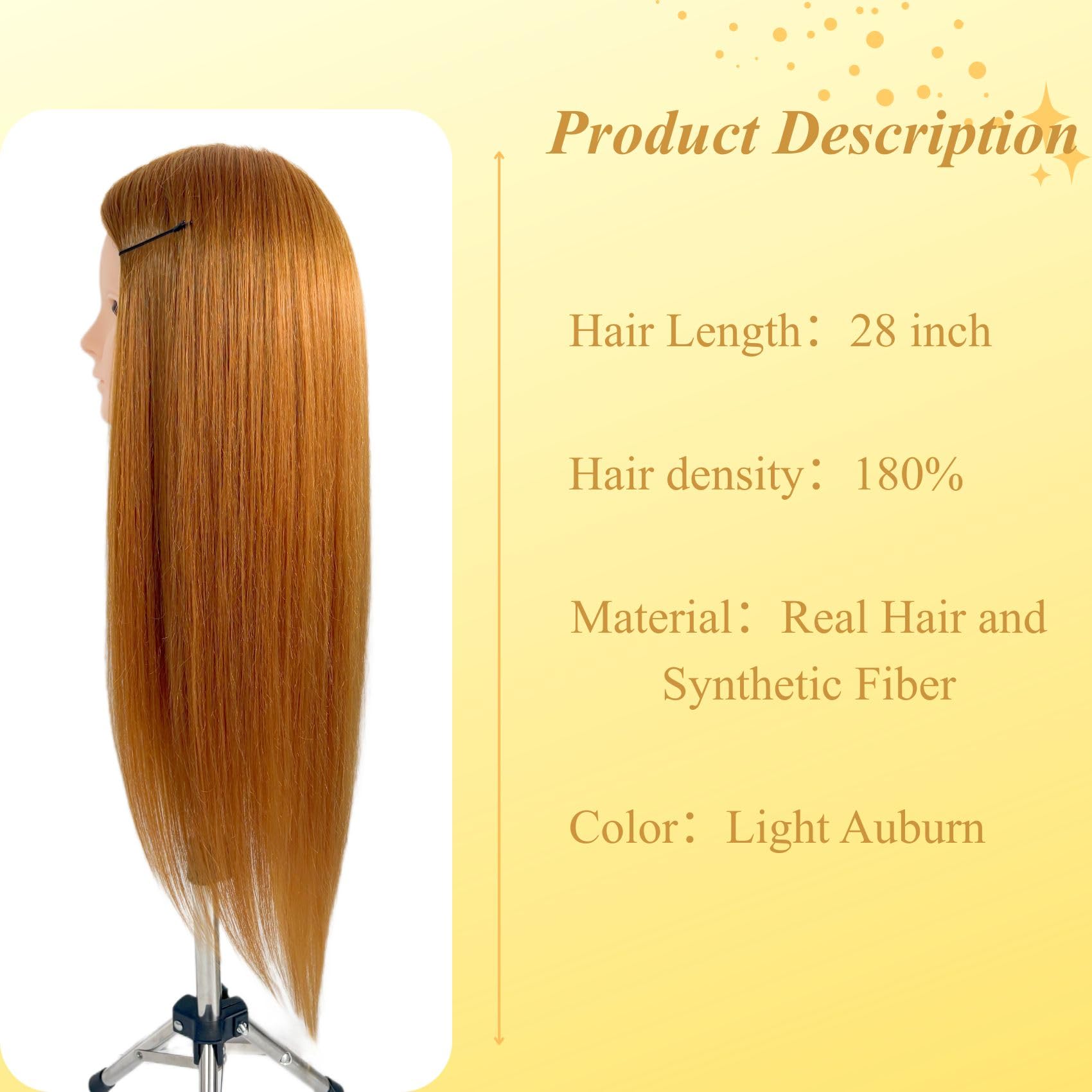 Makeup Mannequin Head with 80% Light Auburn Real Hair, Practice Hair Mannequin Head for Hair Styling, 28" Cosmetology Training Doll Head for Kids