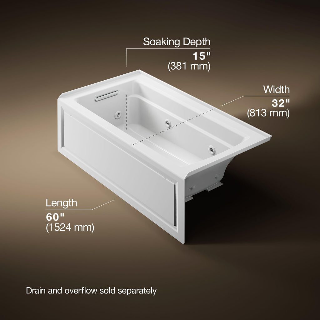 Kohler K-1122-HL-0 Archer 60"x32" alcove whirlpool with integral apron, left hand drain and heater, White