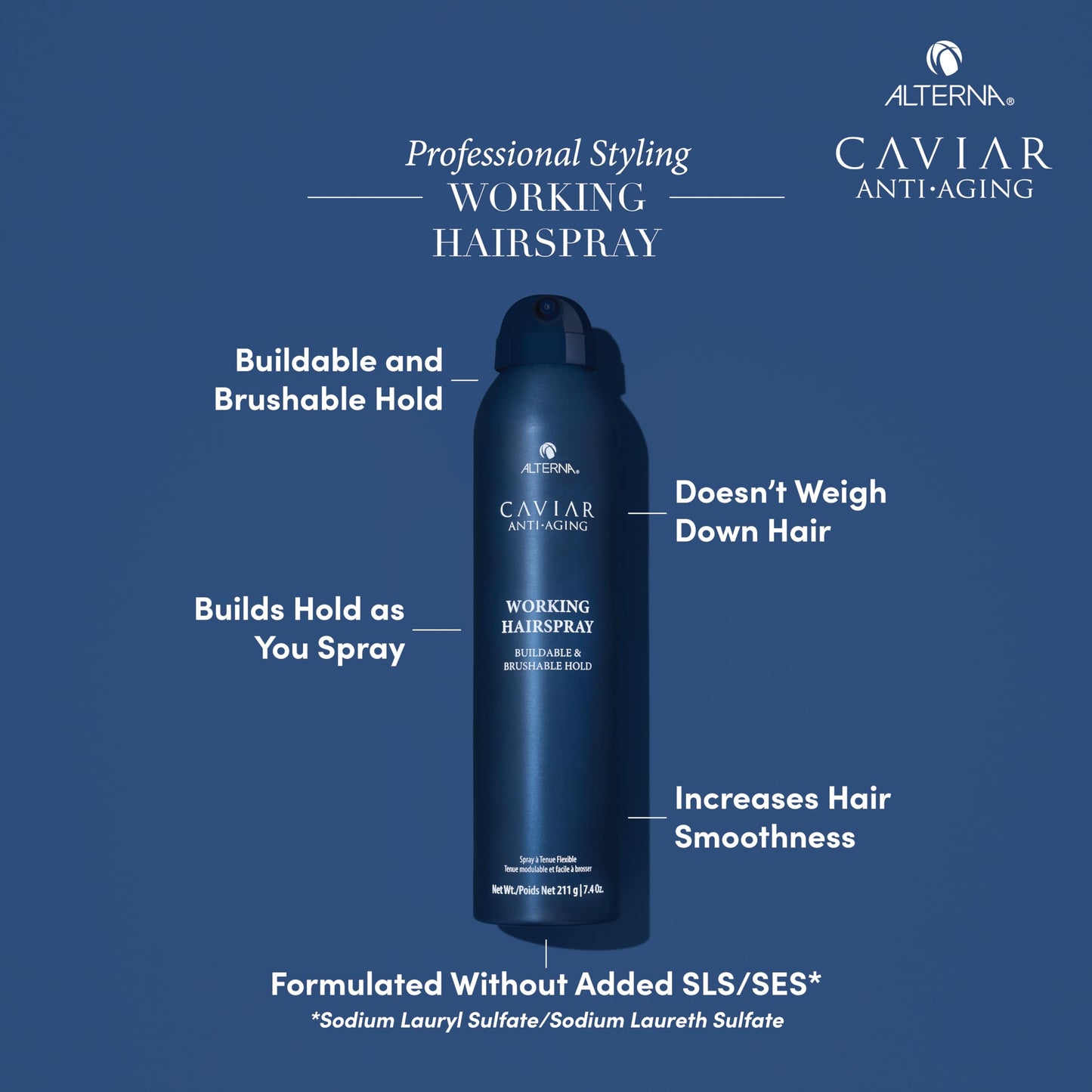 Dark Slate Blue Alterna Haircare CAVIAR Anti-Aging Working Hairspray Travel Size 3 Fl Oz | Buildable, Brushable Hold | Helps Control Frizz and Adds Shine | Sulfate Free