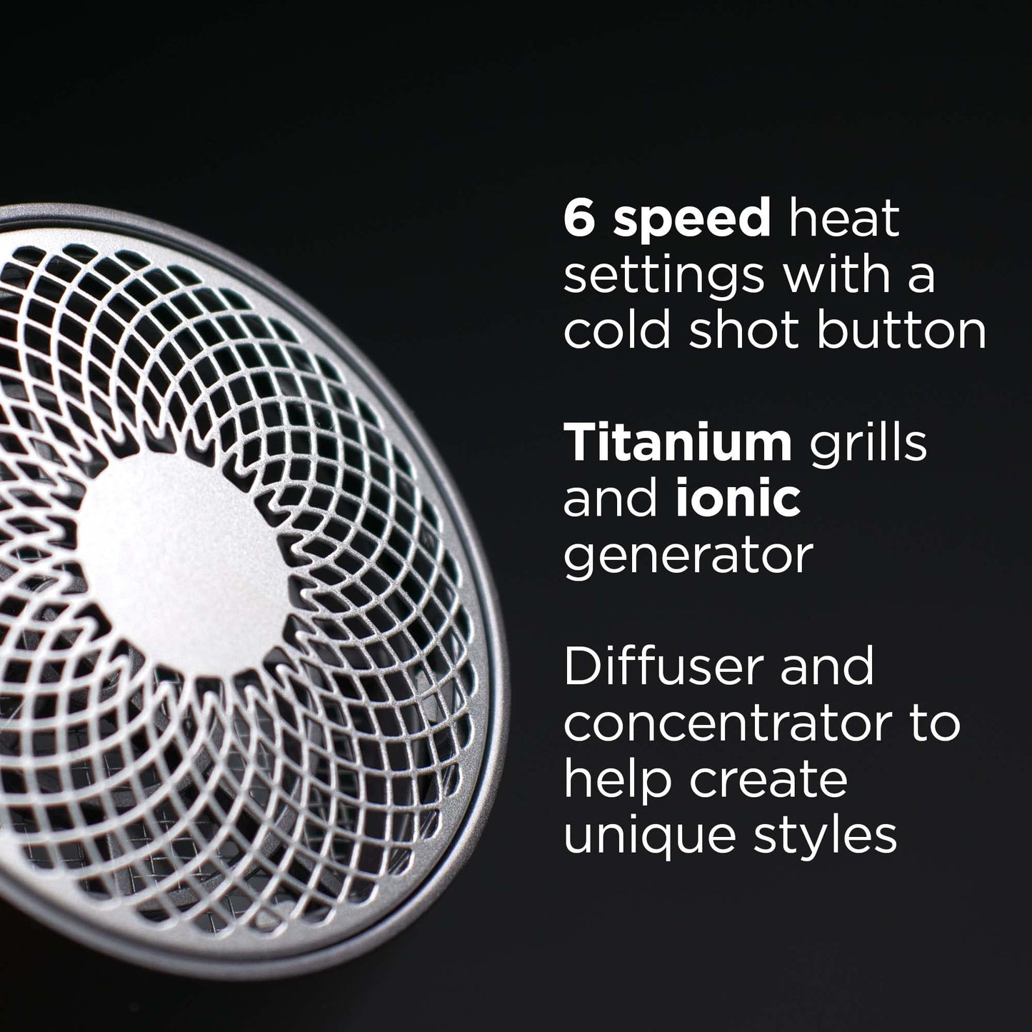 Sèche-cheveux RUSK PRO Speed ​​Titanium, générateur ionique éliminant les frisottis, puissant moteur à courant alternatif avec 6 réglages de vitesse et de chaleur pour un coiffage rapide, ainsi qu'un diffuseur et un concentrateur pour des styles uniques