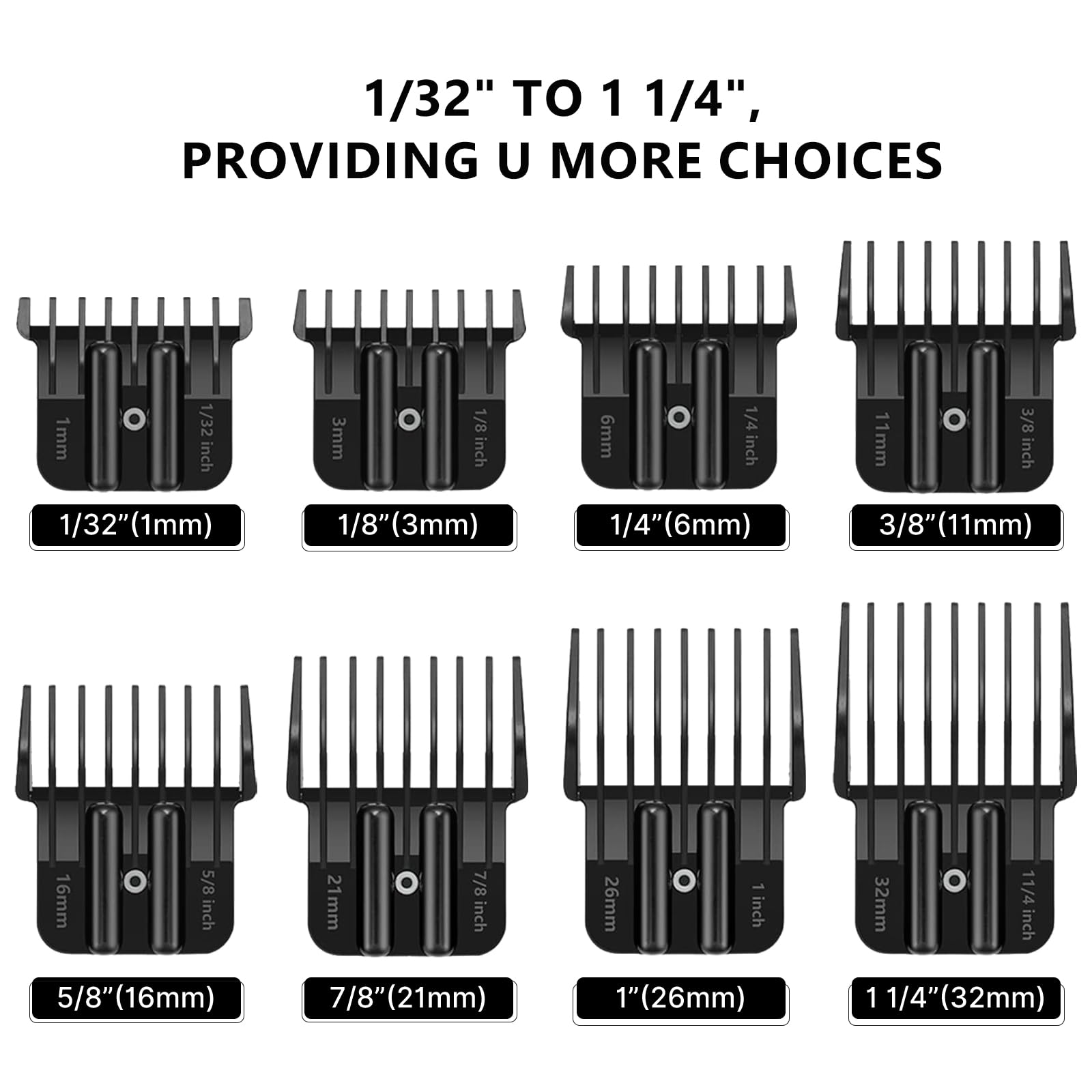 8 Pack Clipper Guards for Wahl Detailer & Andis T Outliner & BaByliss PRO, 1/32" to 11/4" Universal Hair Clipper Guards Set, Snap-on Blade Attachment Combs with Springs for Most Hair Clippers, Black