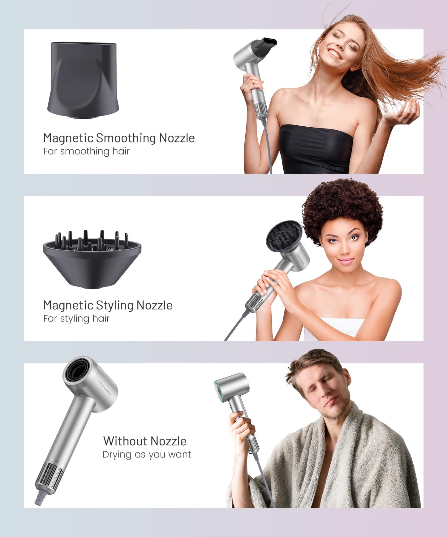 Sèche-cheveux - Moteur sans balais haute vitesse 150 000 tr/min, sèche-cheveux ionique négatif pour un séchage rapide, faible bruit, contrôle thermique, avec diffuseur et buse, argenté