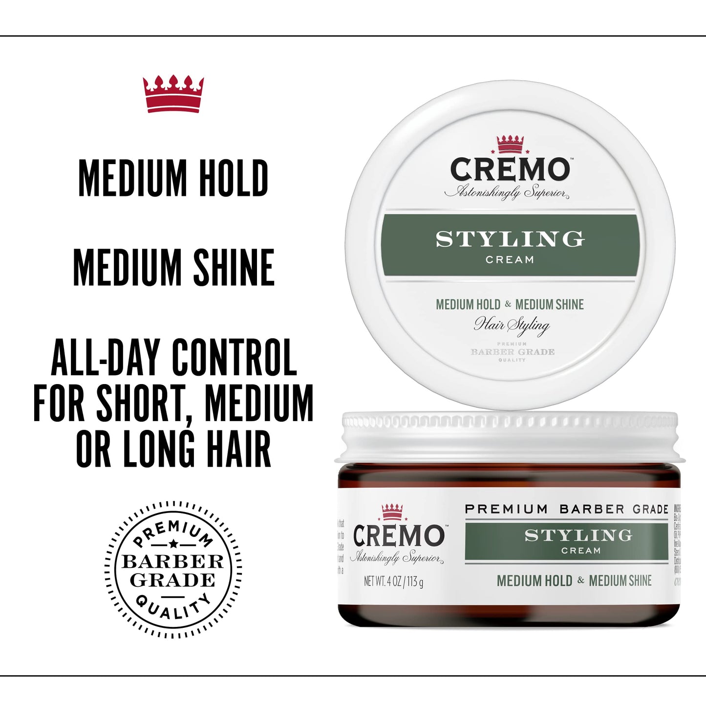 Cremo Hair Styling Cream, Barber Grade, Medium Hold, Medium Shine Hair Products, 4 Oz