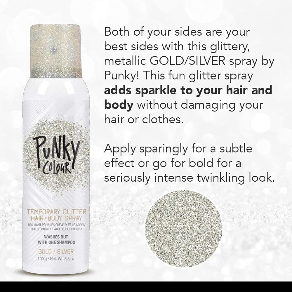 Punky Colour Temporary Hair and Body Glitter Spray, Gold/Silver – Glitters Hairspray, Adds Shimmery Glow, Hair Glitter for Kids, Women, Men, 3.5 oz