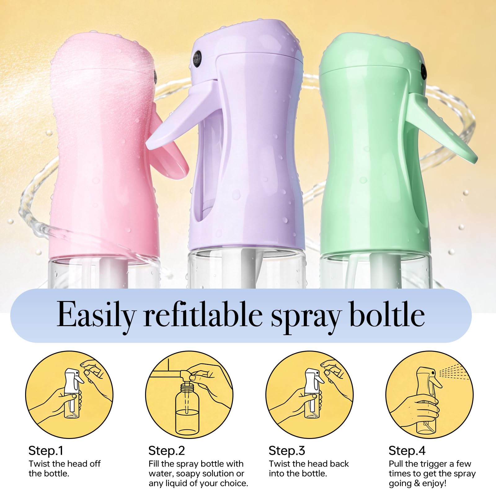 RMNJPW 3Pcs Continuous Spray Bottles For Hair,Ultra Fine Mister for Hair Styling, Plants, Cleaning, Salon, Misting & Skin Care（200ml/6.8oz Green+Pink+Purple）