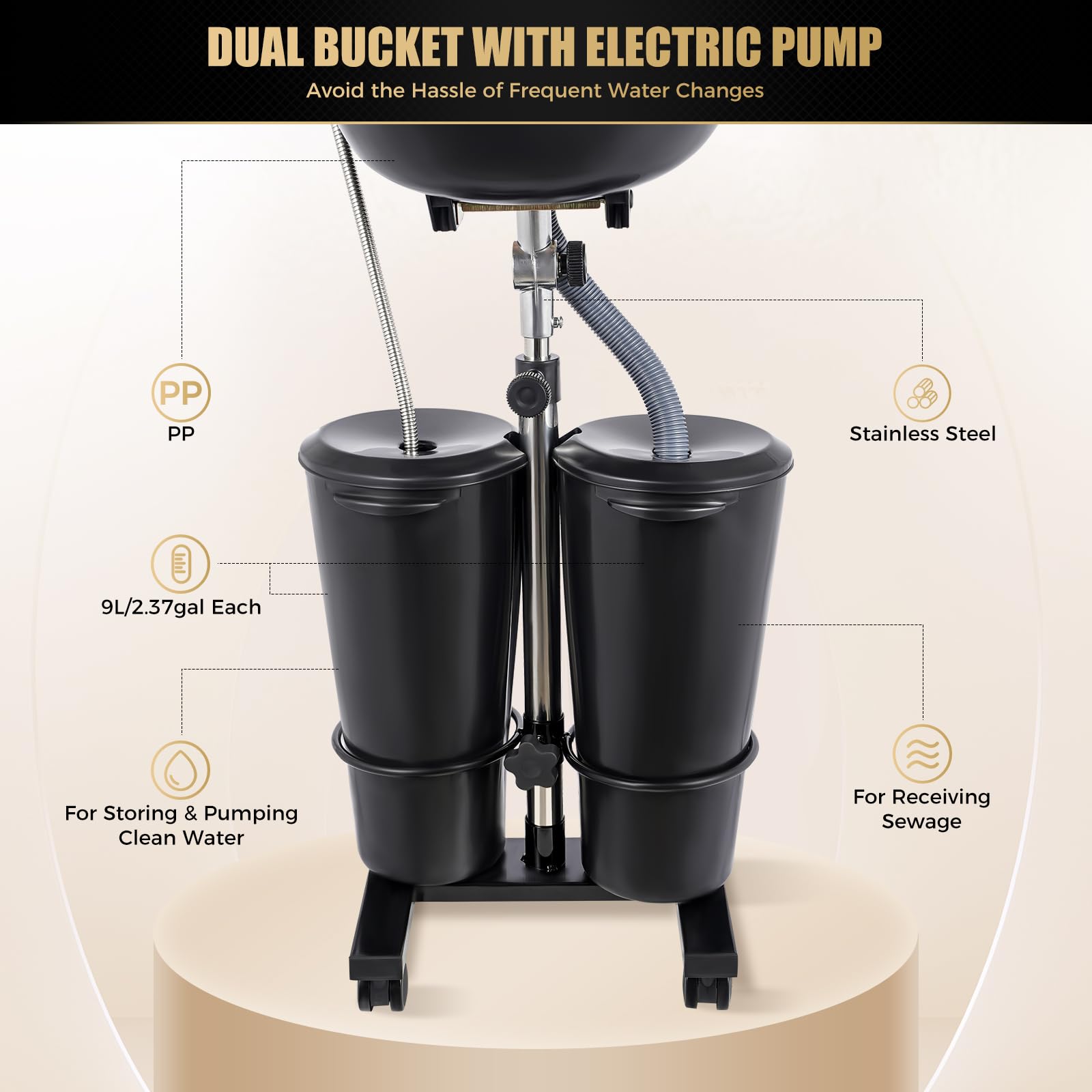 Antique White Portable Shampoo Bowl, Hair Washing Station with Electric Pump,Shampoo Sink with 2 Buckets, Height and Angle Adjustable Portable Wash Bowl for Home & Barber Use, Black