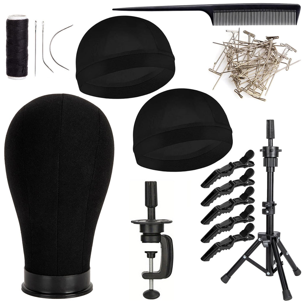 GOODColla Mannequin Canvas Head with Wig Stand for Making Display, Cork Canvas Block Head with Wig Caps, Canvas Mannequin Head with T Pins Set Hair Styling Practice Display