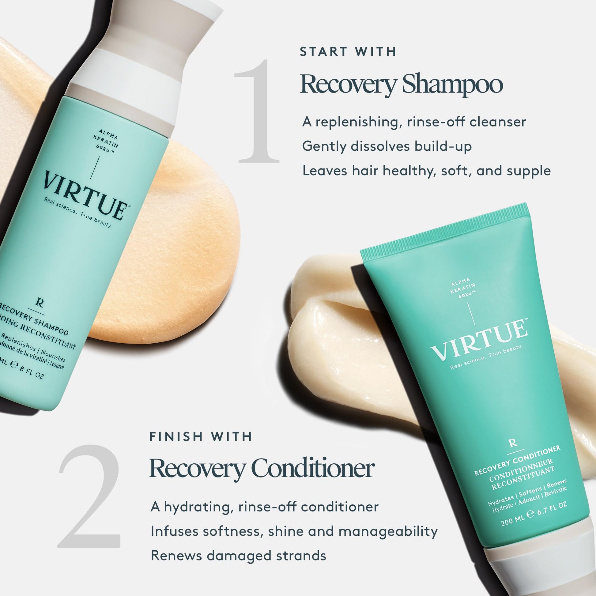 White Smoke VIRTUE Recovery Conditioner with Keratin Hydrates, Softens, and Renews Damaged Hair, Sulfate Free, Color Safe