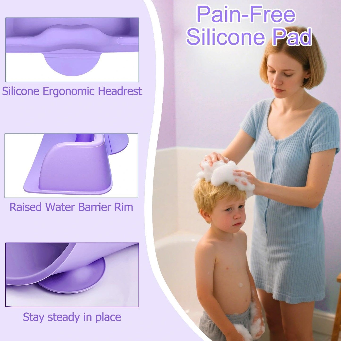 nestery Hair Washing Station for Kids, Silicone Portable Shampoo Bowl and Elderly with Rinse Cup & Scalp Massager, Hair Washing Basin for Sink or Bathtub at Home with Neck Support Purple